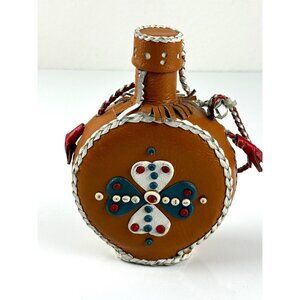 Handcrafted Leather covered Glass Flask Braided Trim Beaded Folk Art Canteen VTG